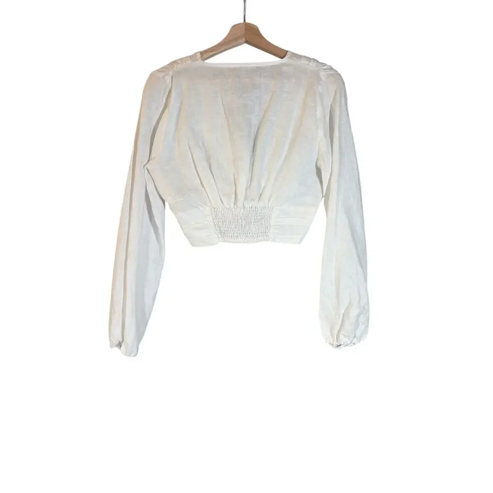Zara 100% White‎ Linen O Ring Cropped Top M Deep V-neck Resort Puff Sleeve Boho